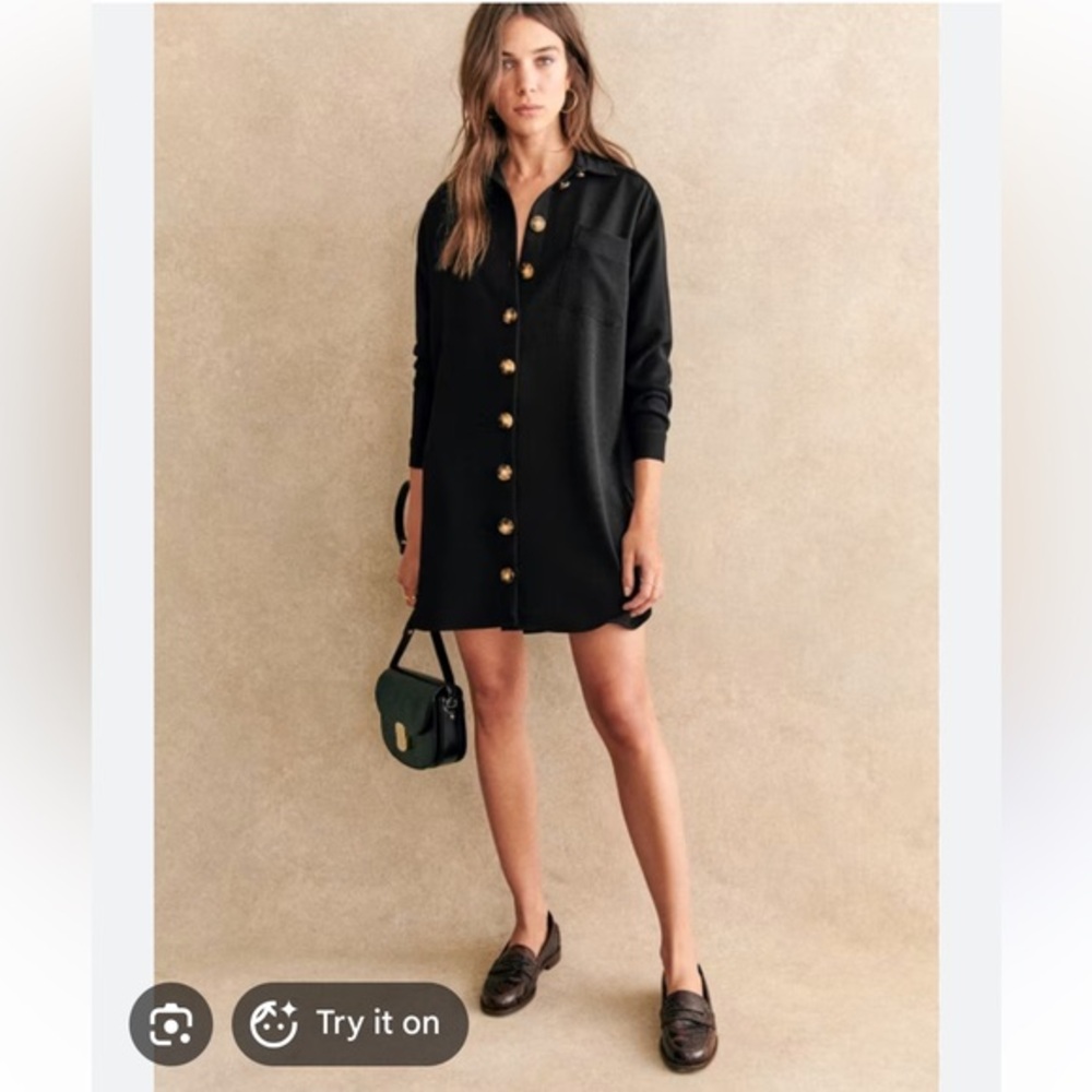 Sézane Sadie Tomboy Shirt Dress Black Oversized Button Front NWOT